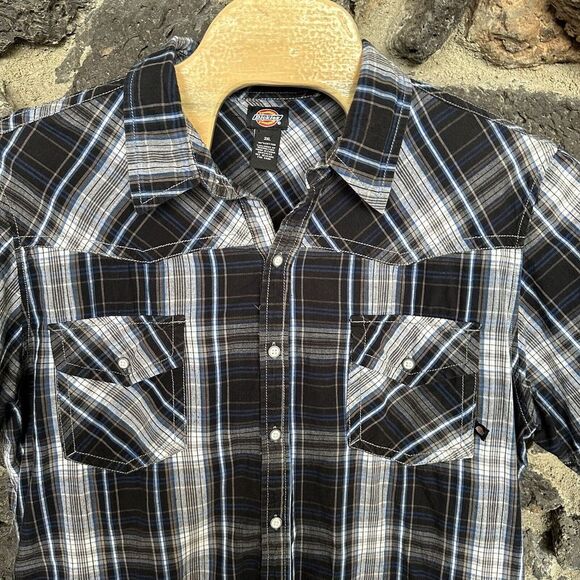 Dickies Shirt Men's Large XXL Blue Plaid Short Sleeve Pocket Button Workwear - Picture 2 of 10